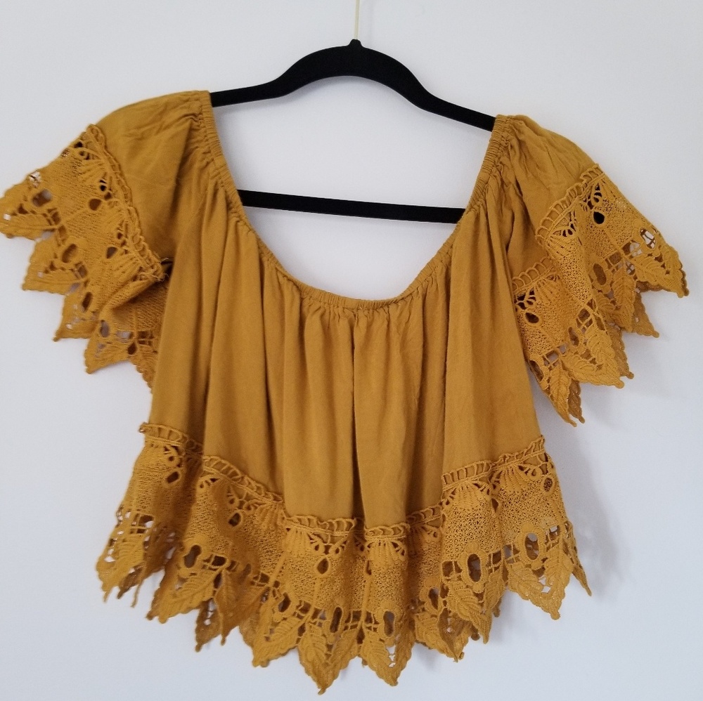 Iris embellished mustard yellow crop top